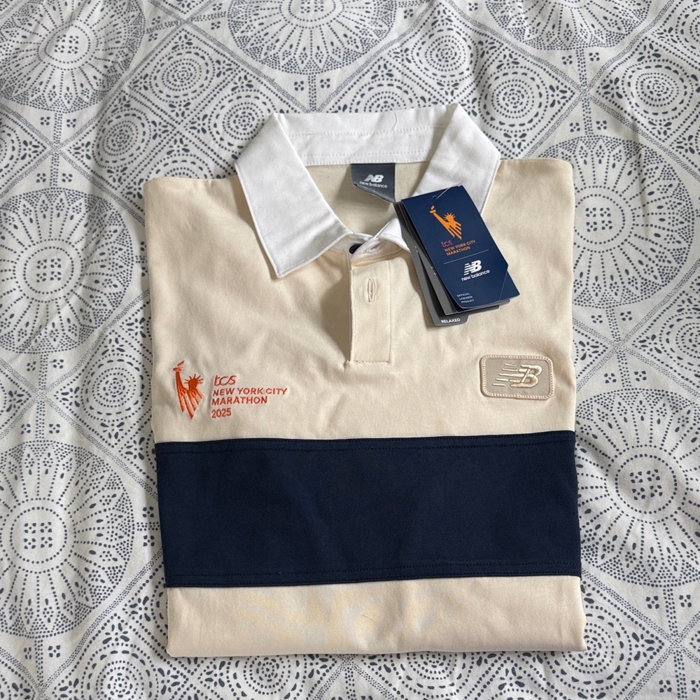 NYC Marathon 2025 New Balance Men's Rugby Shirt in Cream and Navy